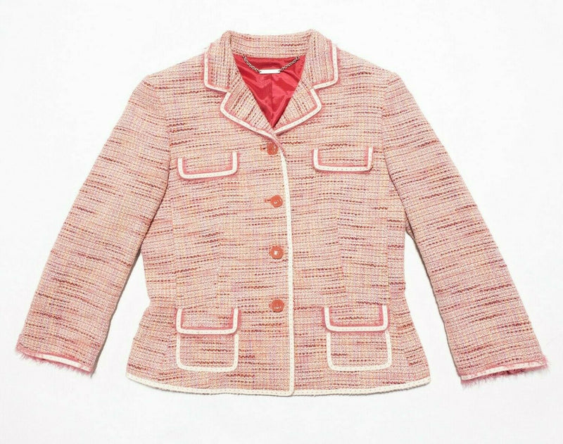 Elie Tahari Women's Medium Pink Tweed Button-Front Collared Blazer Jacket