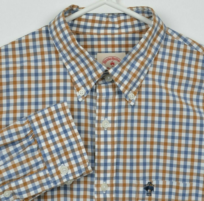 Brooks Brothers Red Fleece Men's Large Blue Brown Check Logo Button-Down Shirt