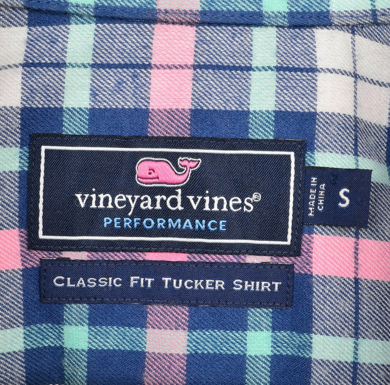 Vineyard Vines Performance Men's Small Classic Fit Navy Pink Plaid Tucker Shirt