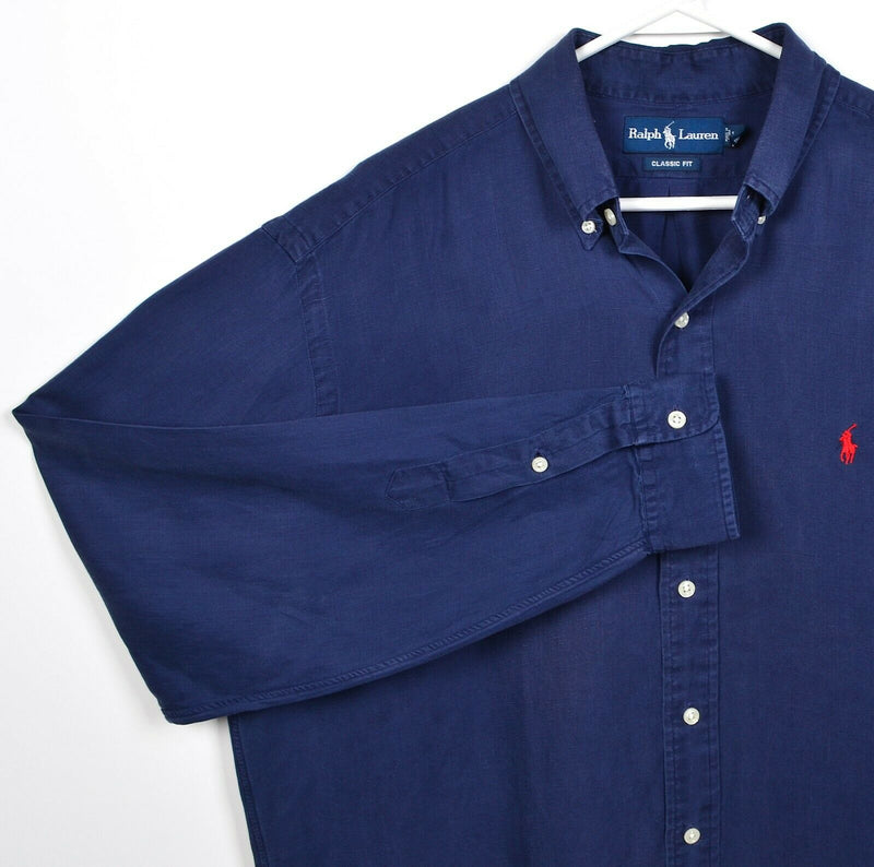 Polo Ralph Lauren Men's Large Classic Linen Silk Blend Navy Button-Down Shirt