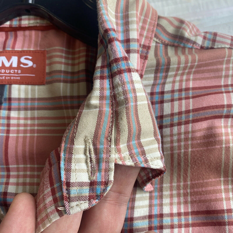 Simms Fishing Men's Medium Coral Pink Plaid Polyester Nylon Button-Down Shirt