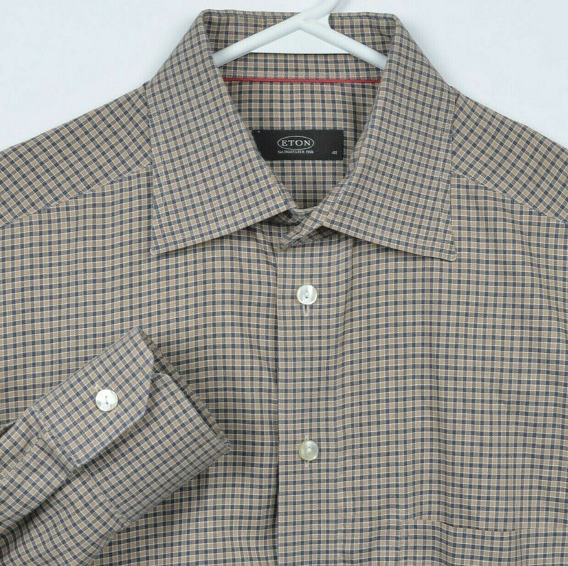 ETON Men's 41/16 Brown Navy Blue Plaid Long Sleeve Button-Front Dress Shirt