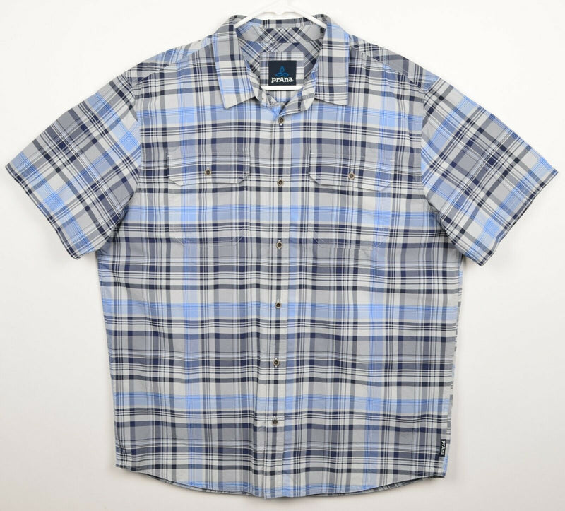 Prana Men's Large 100% Nylon Blue White Plaid Hiking Outdoor Short Sleeve Shirt