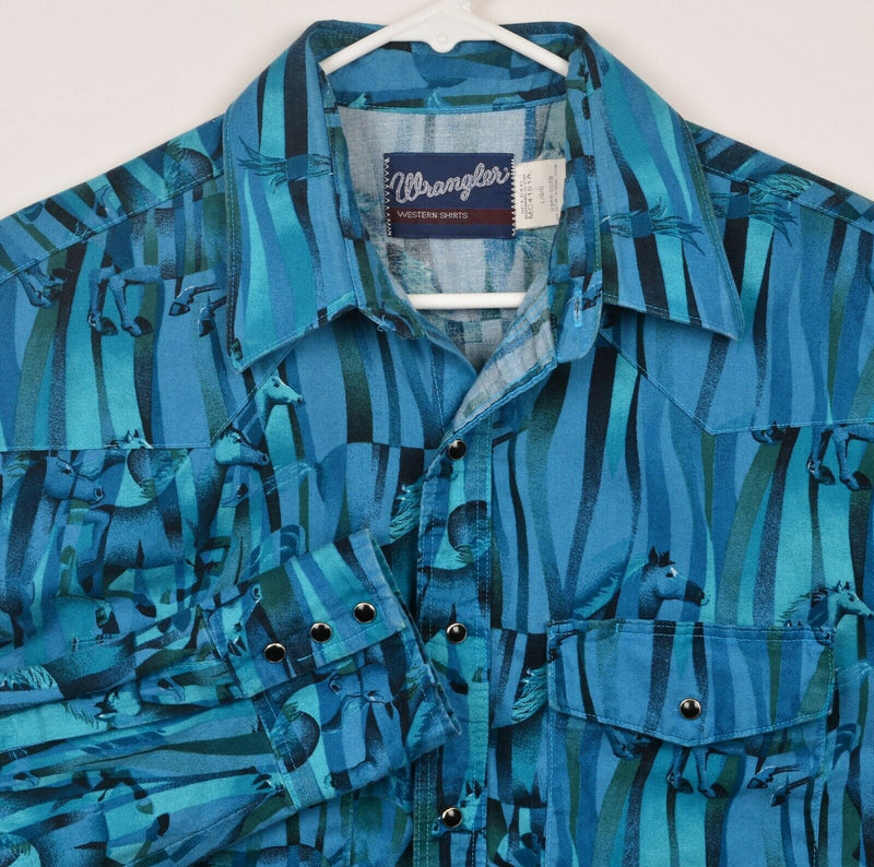 Wrangler Men's Large Pearl Snap Horses Blue Turquoise Western Rockabilly Shirt