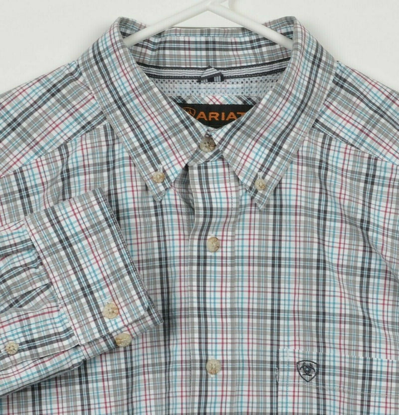 Ariat Pro Series Men's XL Blue Red Gray Plaid Western Rodeo Button-Down Shirt