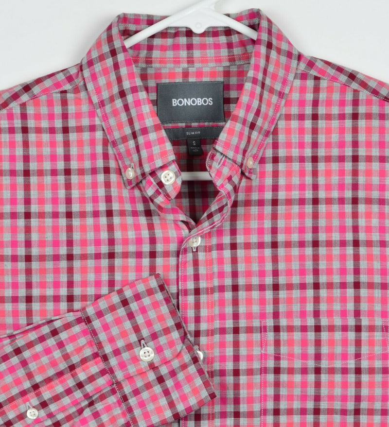 Bonobos Men's Sz Small Slim Fit Pink Red Plaid Check Long Sleeve Shirt