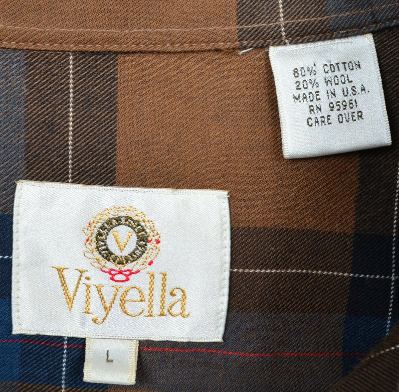 Viyella Men's Large Cotton Wool Blend Brown Navy Blue Plaid USA Flannel Shirt