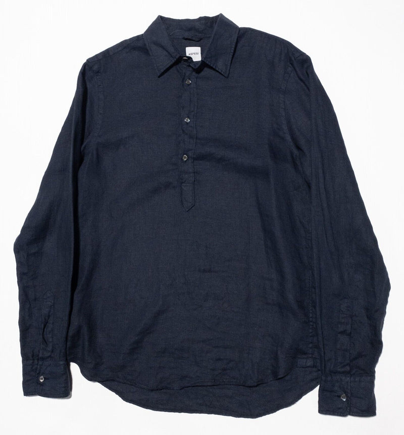 Aspesi Linen Shirt Medium Men's Long Sleeve Pop-over Button Pullover Navy Blue