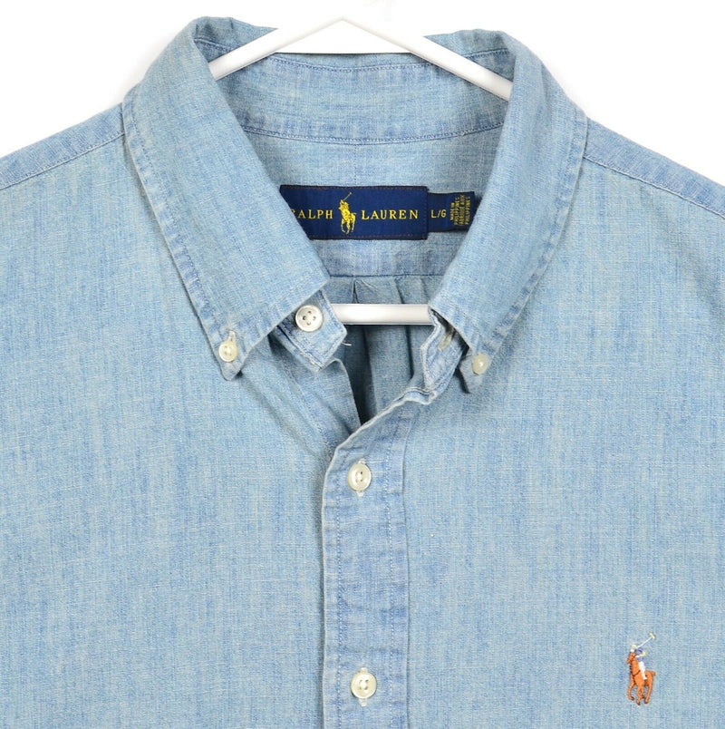 Polo Ralph Lauren Men's Large Blue Chambray Denim Pony S/S Button-Down Shirt