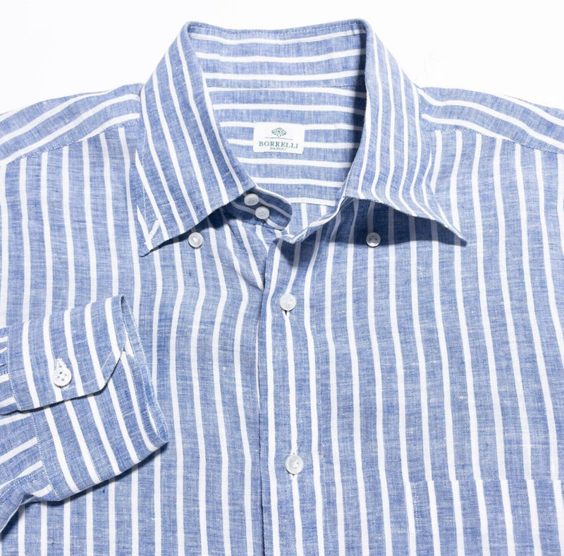 Borrelli Shirt Men's 16.5/42 Button-Down Long Sleeve Blue Stripe Napoli Italy