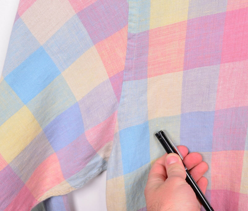 Paul Frederick Men's Sz XL 100% Linen Multicolor Rainbow Plaid Check Shirt