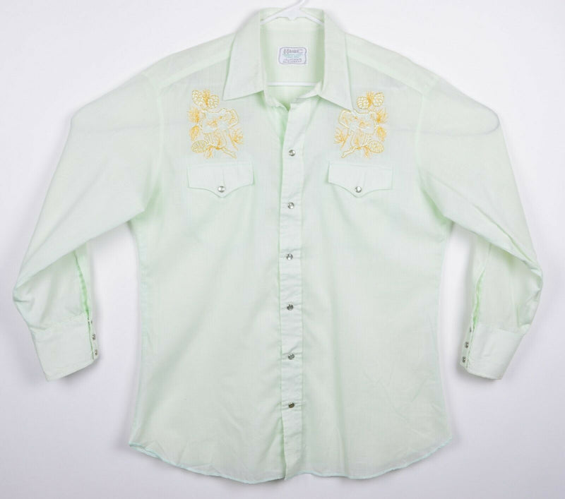 Vtg H Bar C Men's Sz Large Embroidered Saddle Green Pearl Snap Western Shirt