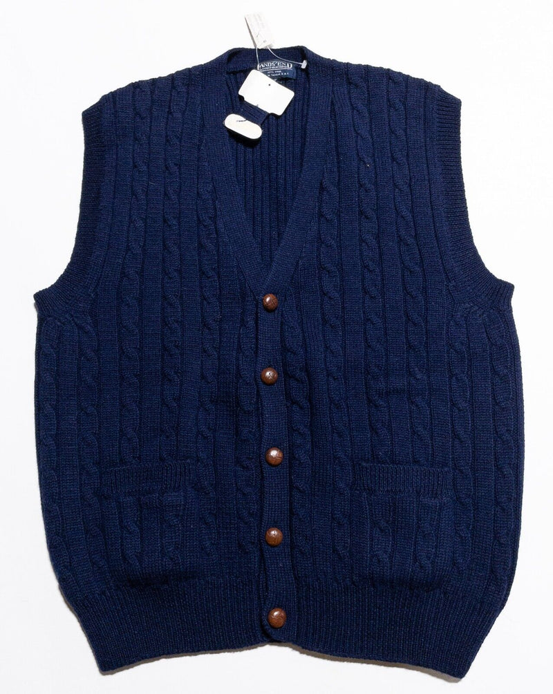 Vintage Lands' End Sweater Vest Men's Large Cable-Knit V-Neck Wood Buttons Blue