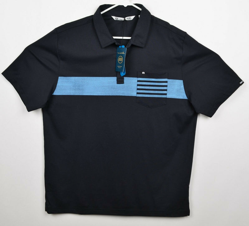 Travis Mathew Men's Sz XL Black Blue Striped Golf Pocket Polo Shirt NWT