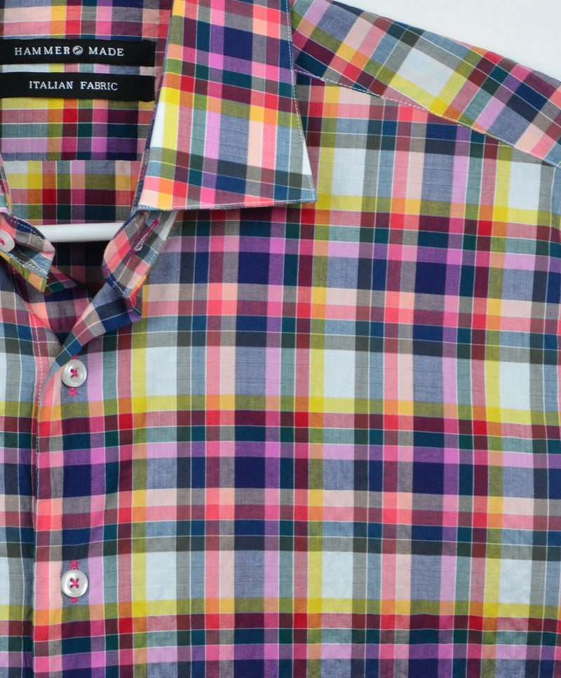 Hammer Made Men's Sz 15.5 Medium Pink Multi-Color Plaid Check Seersucker Shirt