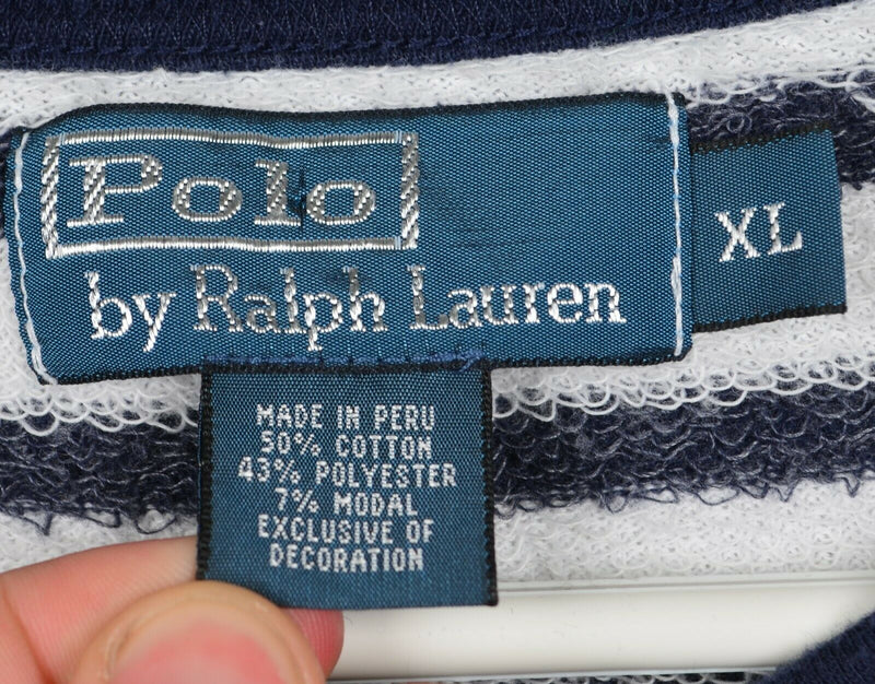 Polo Ralph Lauren Men's XL Terry Cloth Navy Blue White Crew Neck Sweatshirt