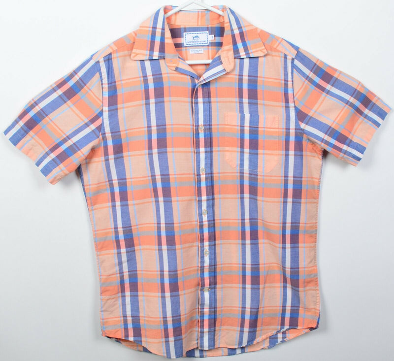 Southern Tide Men's Small Classic Fit Orange Blue Plaid Button-Front Shirt