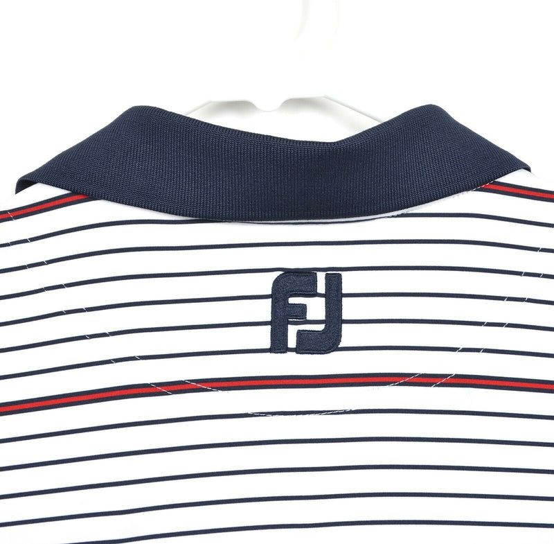 FootJoy Men's Sz Medium White Navy Blue Striped FJ Performance Golf Polo Shirt