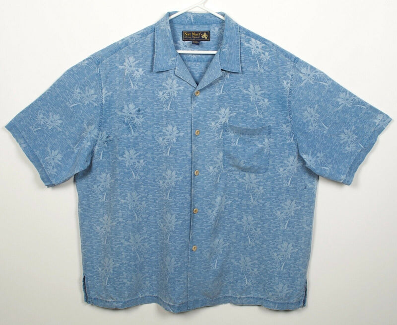 Nat Nast Men's XL100% Silk Blue Floral Palm Tree Hawaiian Bowling Retro Shirt