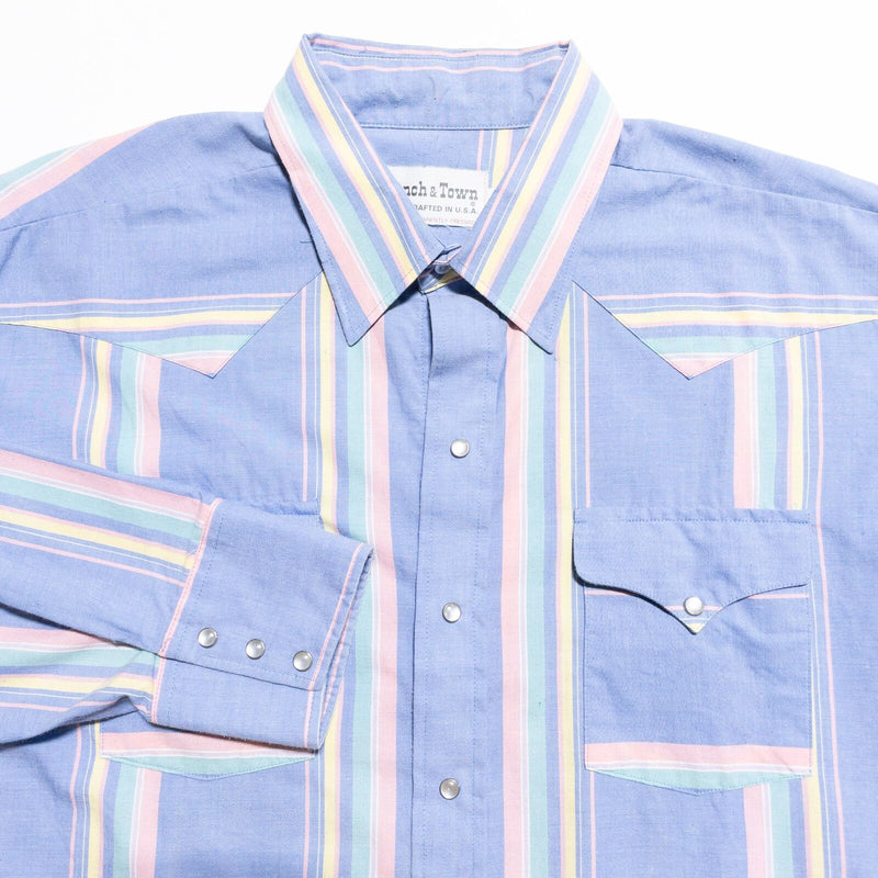 Ranch & Town Pearl Snap Shirt Men's XL Vintage 80s Western Blue Striped USA