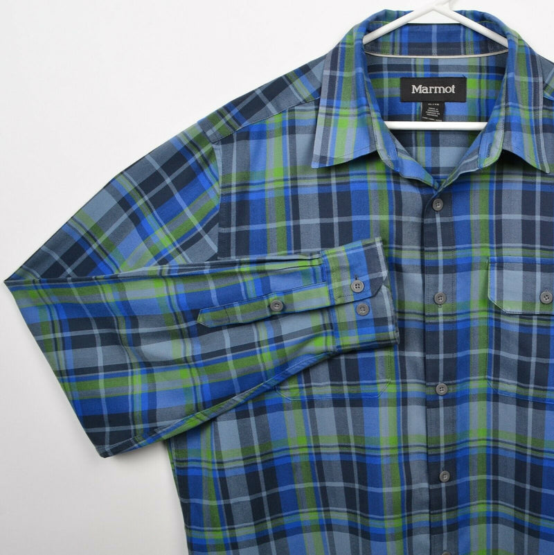 Marmot Men's XL Blue Green Plaid Flannel Polyester Hiking Button-Front Shirt