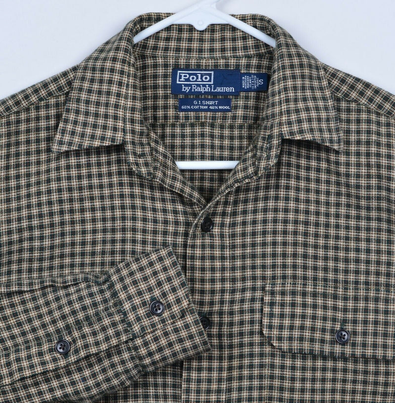 Vtg 90s Polo Ralph Lauren Men's Sz Small G.I. Shirt Wool Blend Brown Plaid Shirt