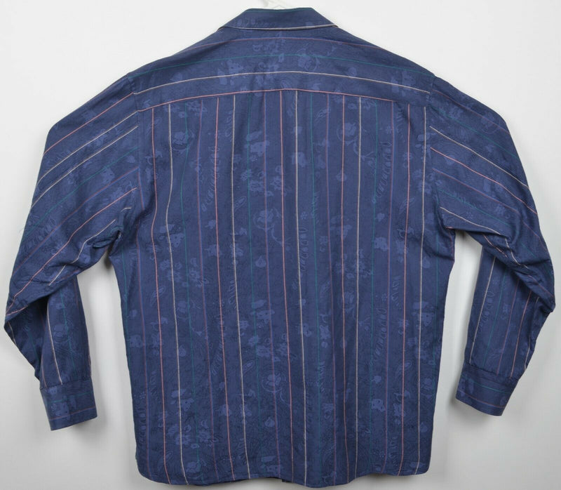 Tommy Bahama Men's Large Cotton Silk Floral Blue Striped Button-Front Shirt