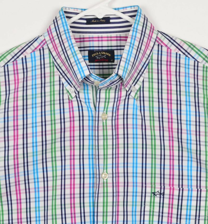 Paul & Shark Yachting Men's 42 (Large) Pink Green Multi-Color Plaid Italy Shirt