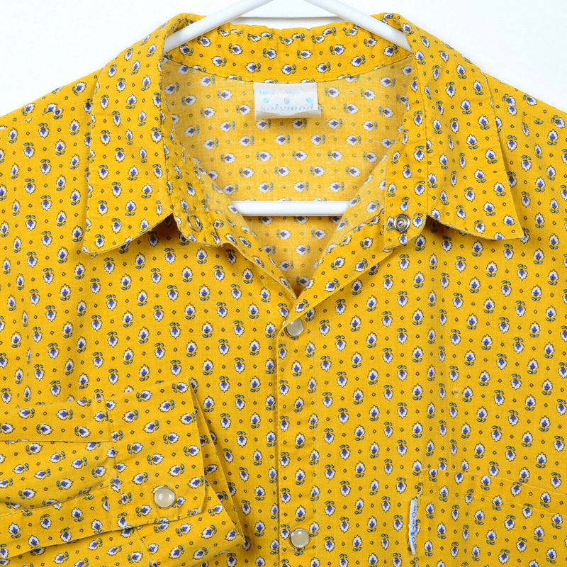 Vintage 80s Solymod French Men's XL Pearl Snap Floral Print Golden Yellow Shirt