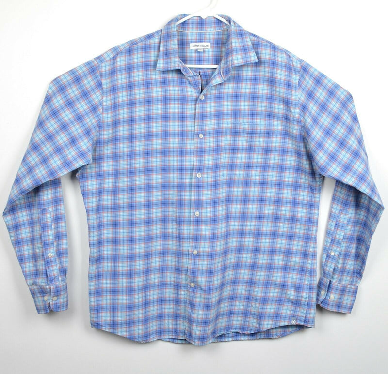 Peter Millar Crown Sport Men's Sz Large Cotton Silk Blend Blue Aqua Plaid Shirt
