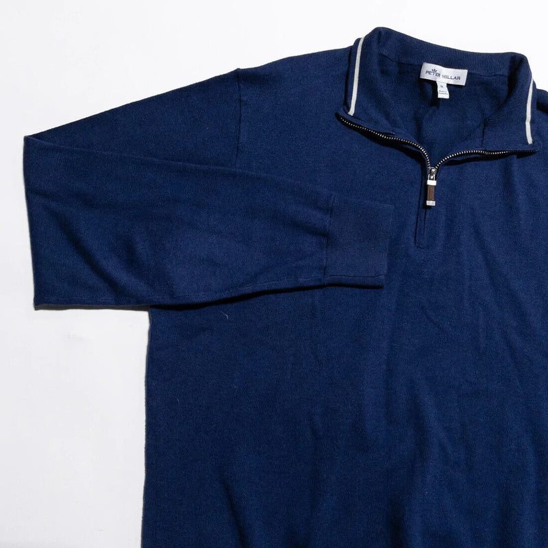 Peter Millar Sweater Men's Medium Pullover Cotton Silk 1/4 Zip Blue Knit Crest