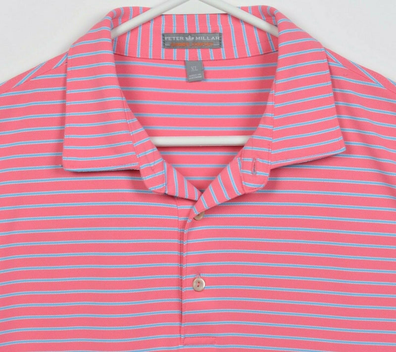 Peter Millar Summer Comfort Men's XL Pink Blue Striped Wicking Golf Polo Shirt