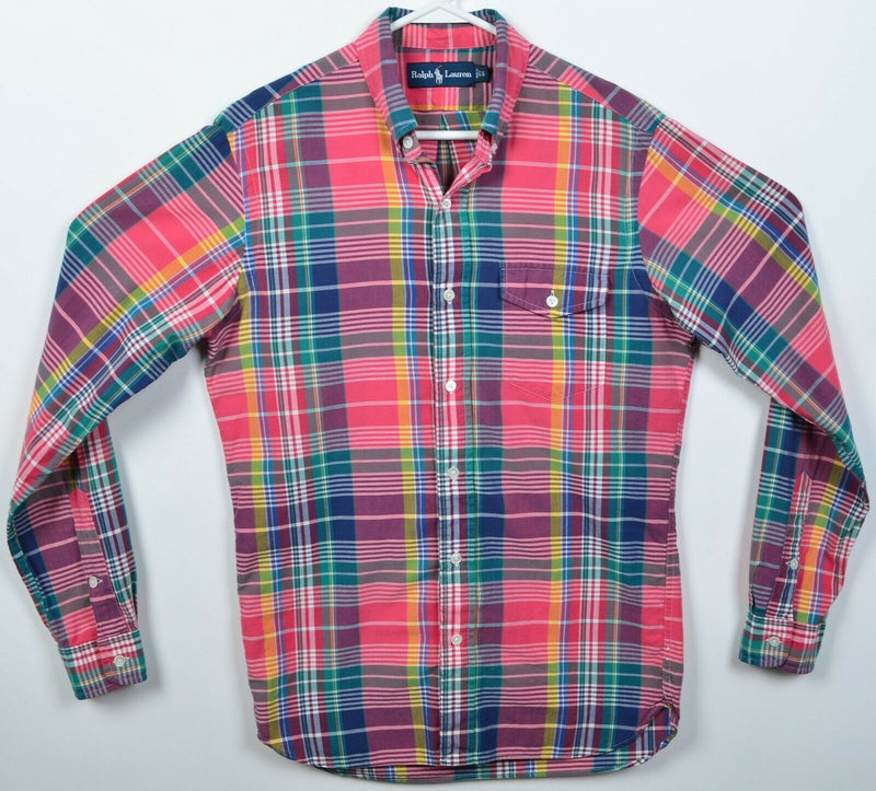 Polo Ralph Lauren Men Small Pink Colorful Plaid Indian Madras Button-Down Shirt