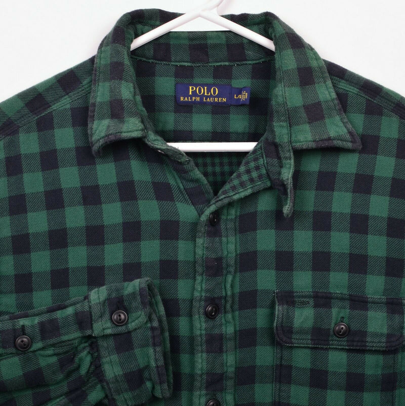 Polo Ralph Lauren Men's Large Green Black Check Loop Collar Flannel Shirt