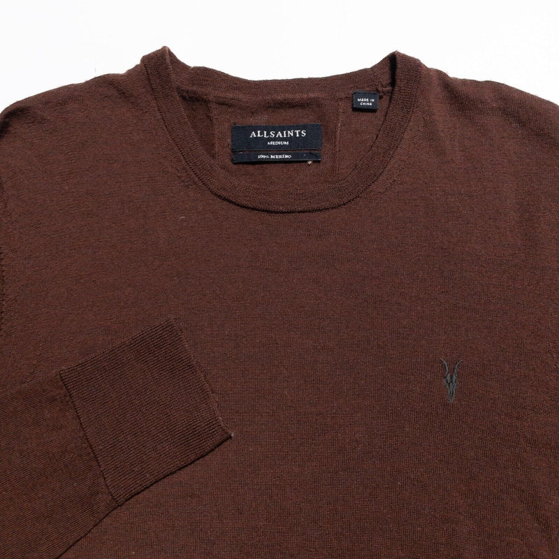 All Saints Sweater Men's Medium Merino Wool Mode Crewneck Long Sleeve Red/Brown