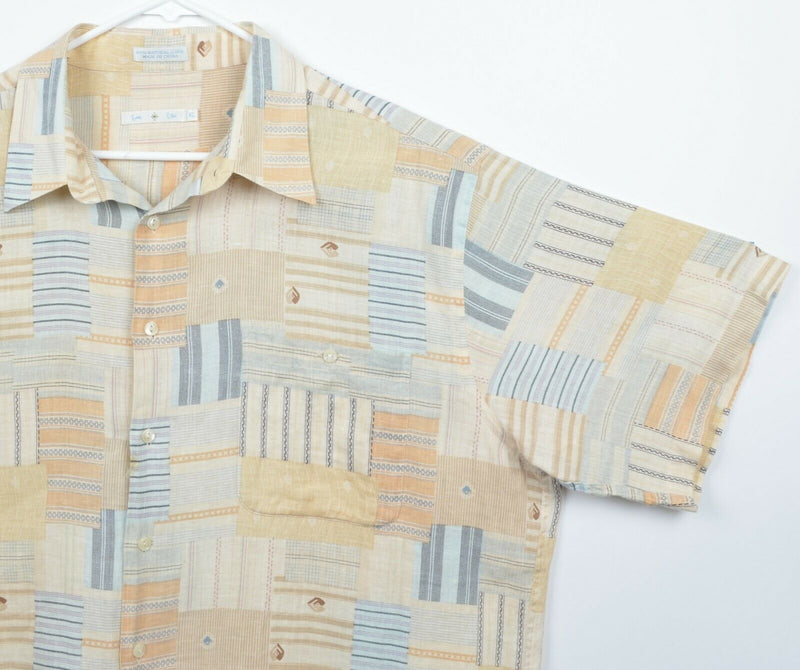 Burma Bibas Men's Sz XL 100% Linen Geometric Patchwork Tan Blue Lounge Shirt