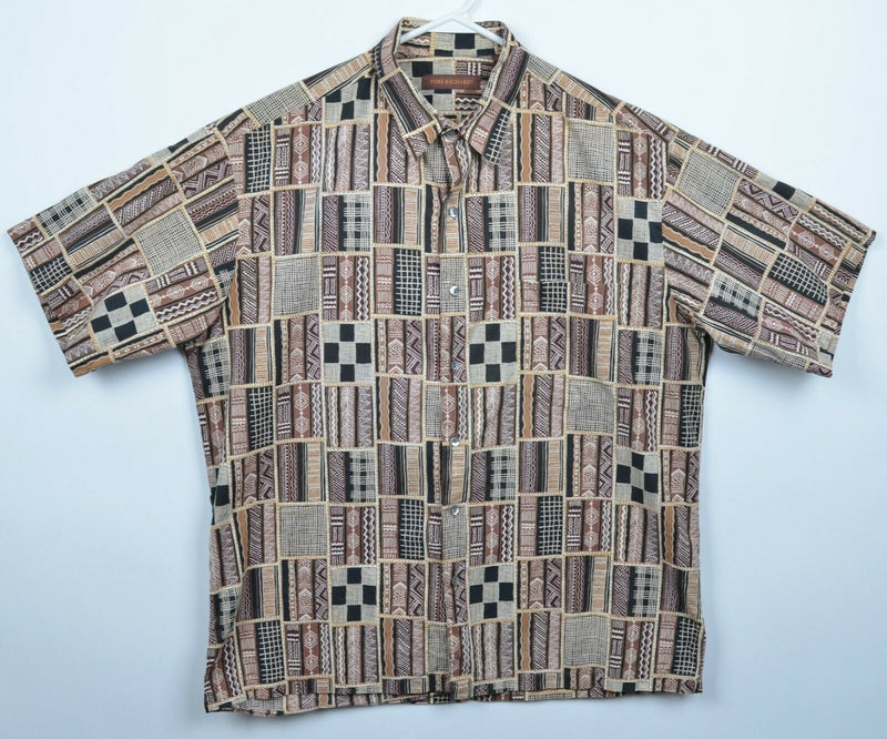 Tori Richard Men's Large Brown Geometric Cotton Lawn Hawaiian Aloha Shirt