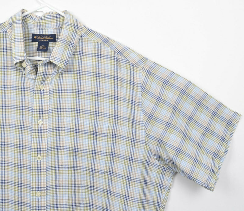 Brooks Brothers Men's Sz XL 100% Irish Linen Blue Green Plaid Check Shirt