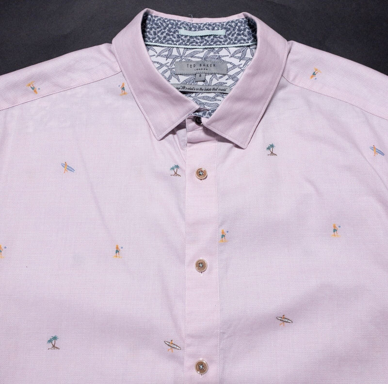 Ted Baker Shirt Men's 5 Button-Up Pink Surfer Palm Pattern Short Sleeve