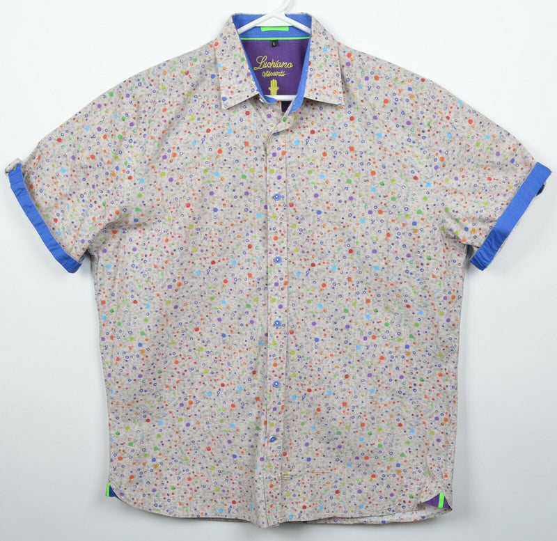 Luchiano Visconti Men's Large Colorful Dots Short Sleeve Button-Front Shirt
