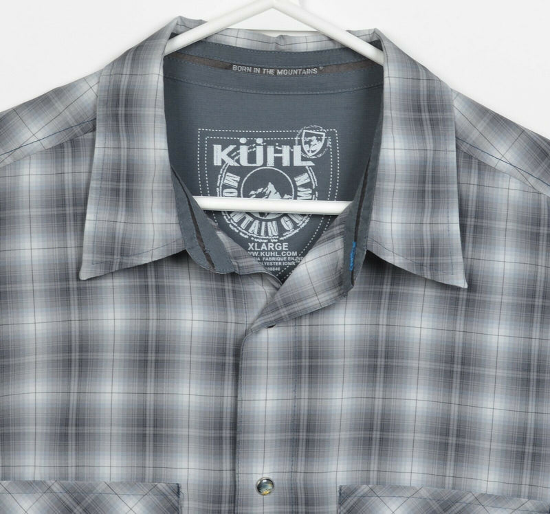 Kuhl Eluxur Men's XL Pearl Snap Gray Plaid Polyester Ionik Hiking Outdoor Shirt