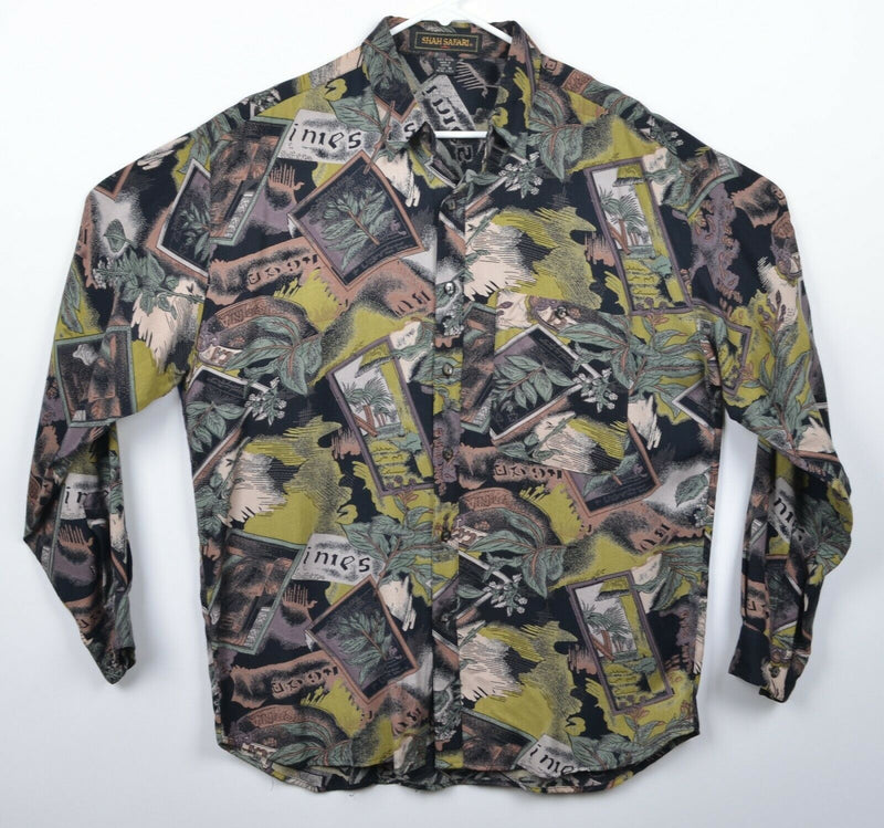 Shah Safari Men's Sz Medium 100% Rayon Abstract Long Sleeve Hawaiian Shirt