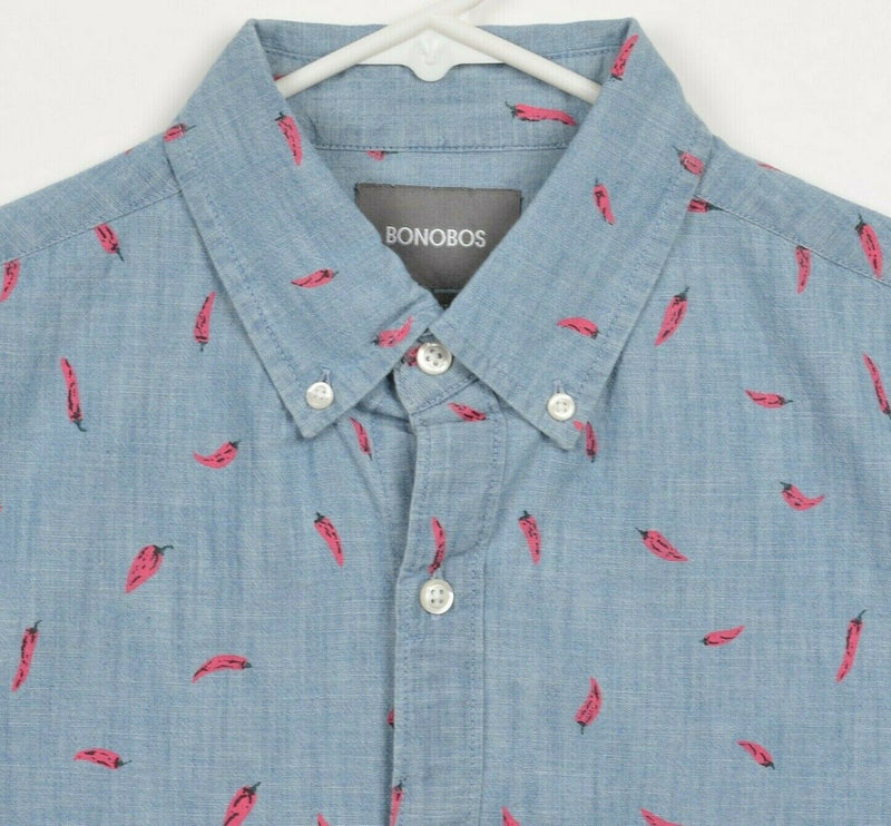 Bonobos Men's Small Slim Fit Red Pepper Print Blue Chambray Button-Down Shirt