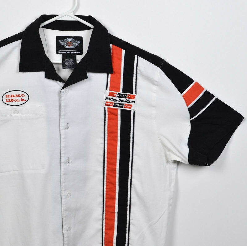 Harley-Davidson Men Large White Orange Stripe Racing Patch Mechanic Biker Shirt