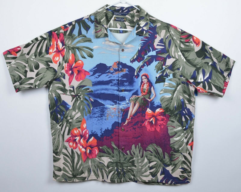 Nautica Men's Large Luau Girl Linen Rayon Blend Floral Hawaiian Shirt