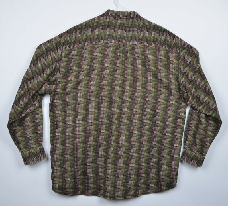 Jhane Barnes Men's Large Band Collar Green Zig-Zag Button-Front Party Shirt