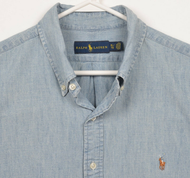 Polo Ralph Lauren Men's XL Blue Chambray Pony Short Sleeve Button-Down Shirt