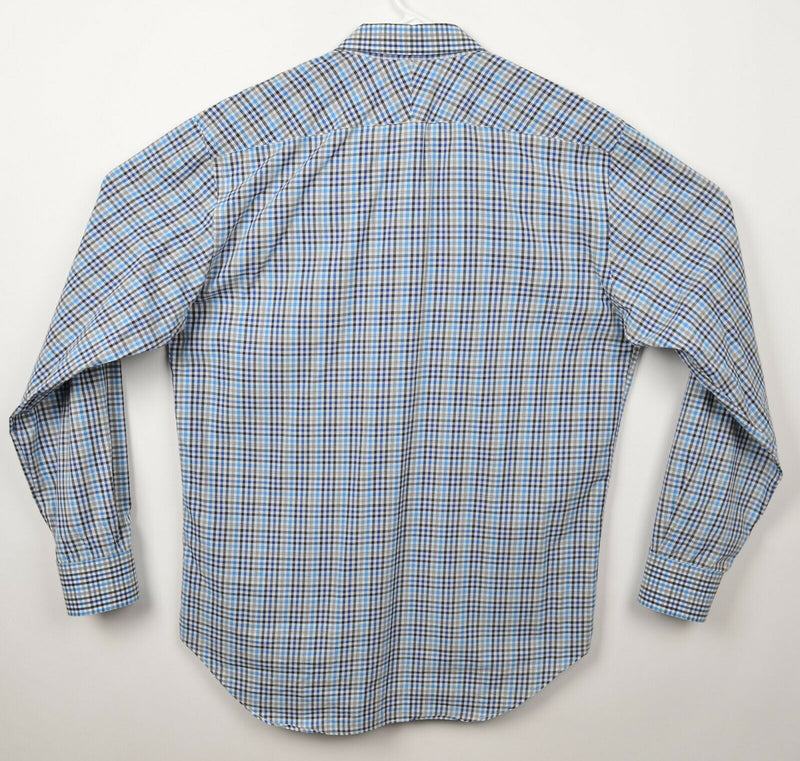 Billy Reid Men's Large Standard Cut Blue Gray Check Spread Collar Italian Shirt