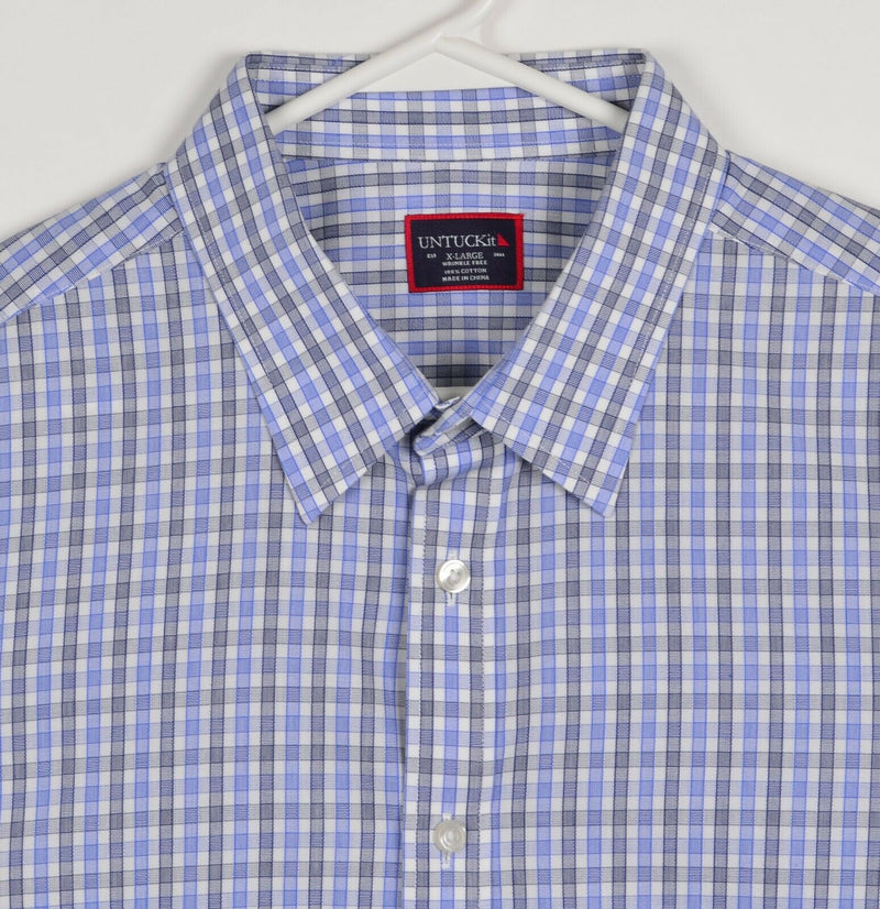 UNTUCKit Wrinkle Free Men's XL Blue Plaid Check Button-Front Short Sleeve Shirt