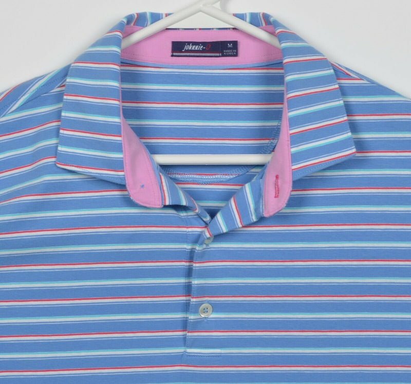 Johnnie-O Men's Medium Blue Red Pink Striped Short Sleeve Preppy Polo Shirt